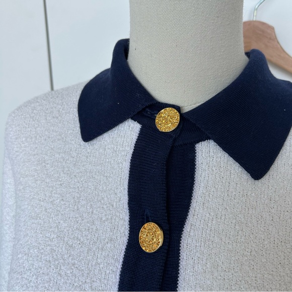Vintage Escada White & Navy Terry Sequin Collar Button Up Long Sleeve Polo - Picture 2 of 16